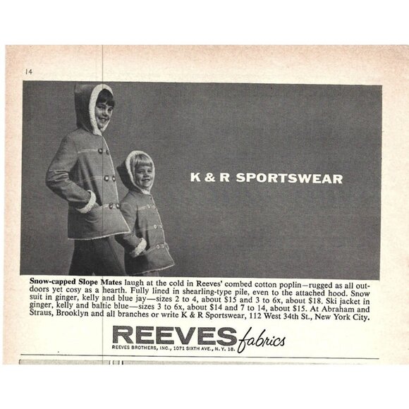 Reeves Fabric Sportwear Children Fashion 1960s Vintage Print Ad 9 inch Tall - Picture 1 of 2